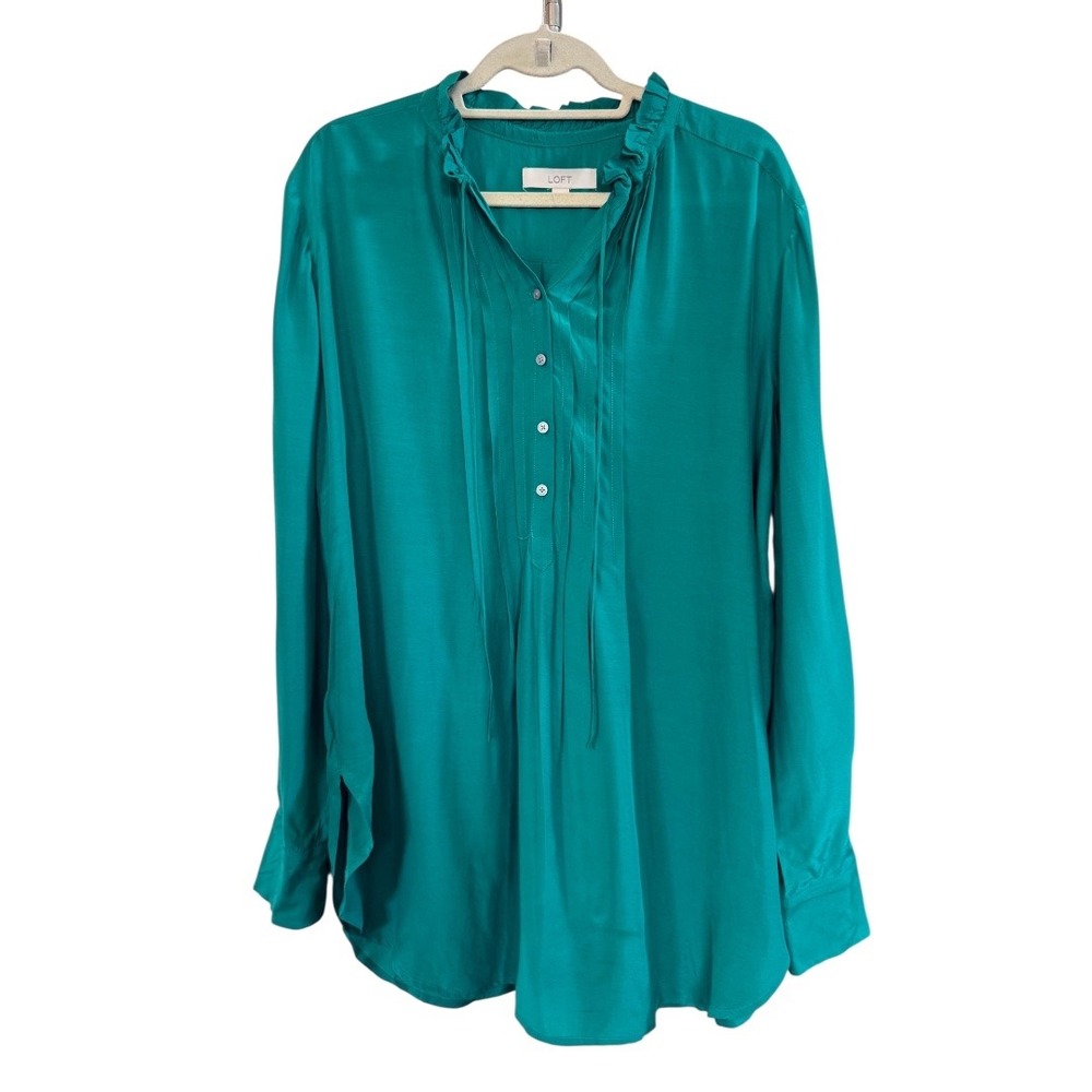LOFT Emerald Green Pleated Front Ruffle Neck L Tunic Dress Blouse Dressy Office
